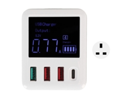 Carregador Mali de parede USB 4 portas QC3.0, PD 20W, display LCD, plugue UK, 100-240V