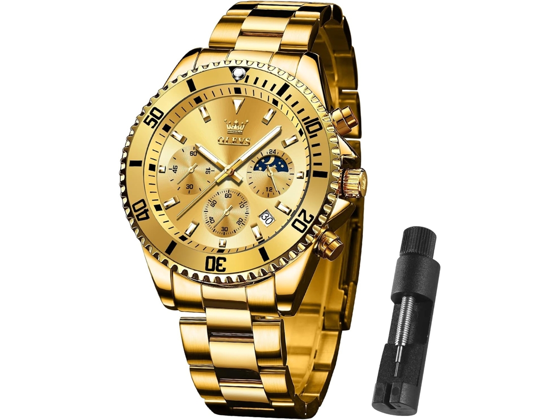 Lurelia Relógio Masculino, Movimento De Quartzo, Aço Inoxidável, Dourado
