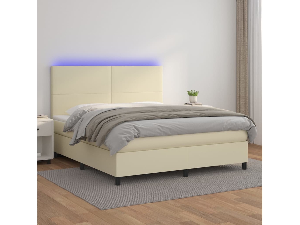 Vidaxl Cama Box Spring C/ Colchão/led 160x200cm Couro Artificial Creme