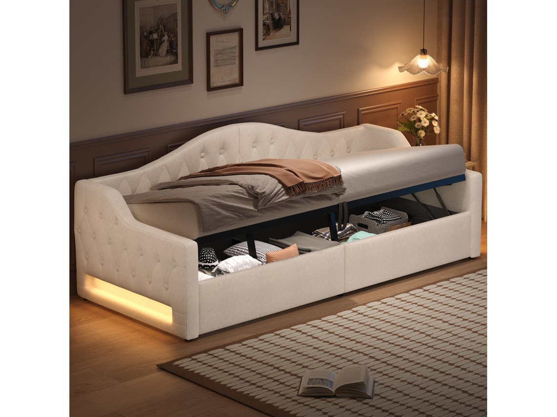 Sofá cama 90x190 cm retrátil com compartimento e led KOMHTOM