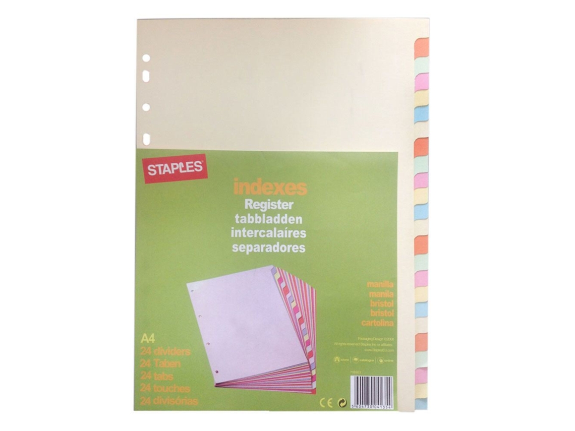Separador Pré-impresso STAPLES Cartão, 24 Secções, A4, Várias Cores Pastel