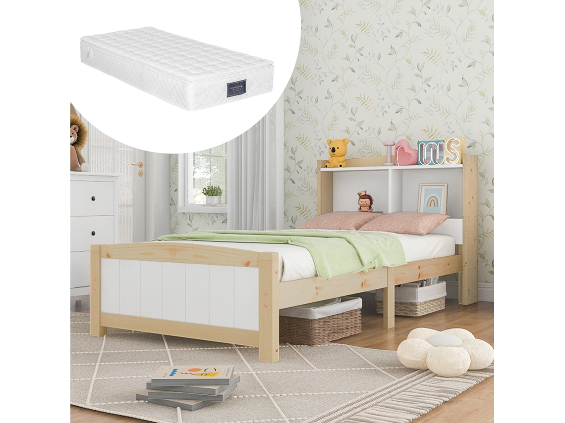 Lit Enfant 90x200 cm bois massif tête de lit rangement structure pin naturel blanc VSOGA