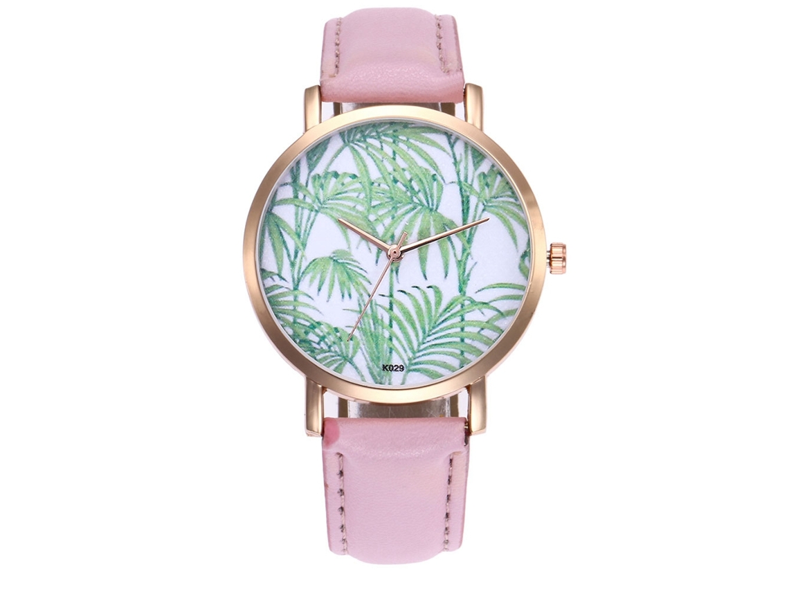 Relógio de Pulso Feminino de Quartzo com Pulseira de Couro Pu Esfera Redonda Simples Rosa