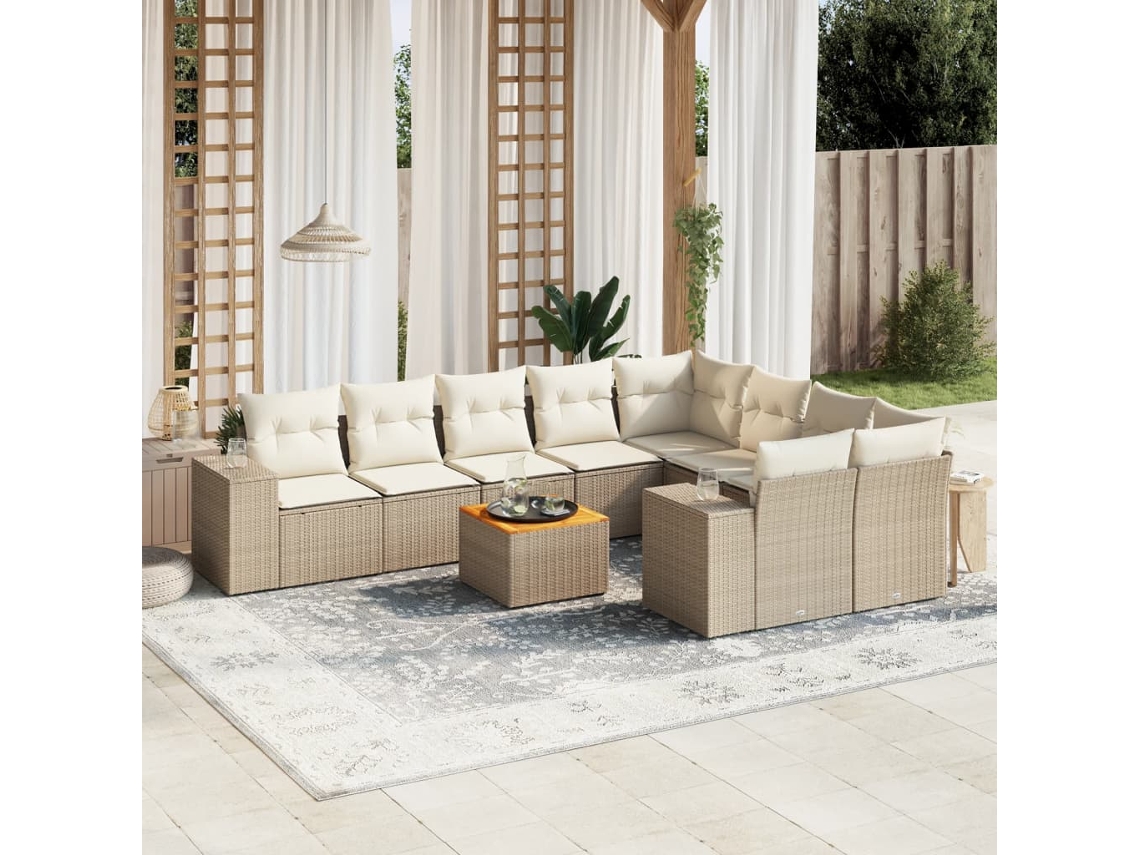 Vidaxl 10 Pcs Conjunto De Sofás P/ Jardim Com Almofadões Vime Pe Bege