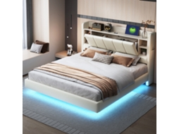 Cama Linho Bege 160x200 Led Usb Cabeceira Prateleiras