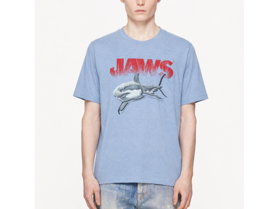 Rockinstone Jaws Movie Halftone Heather Light Blue Adult T-shirt Size:l