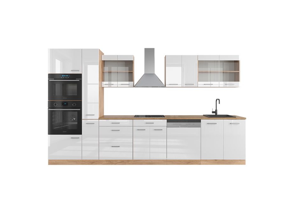 Kitchenette R-Line, 350cm com armário alto, Carvalho PT, Branco brilhante/Carvalho dourado, Carvalho dourado, VICCO