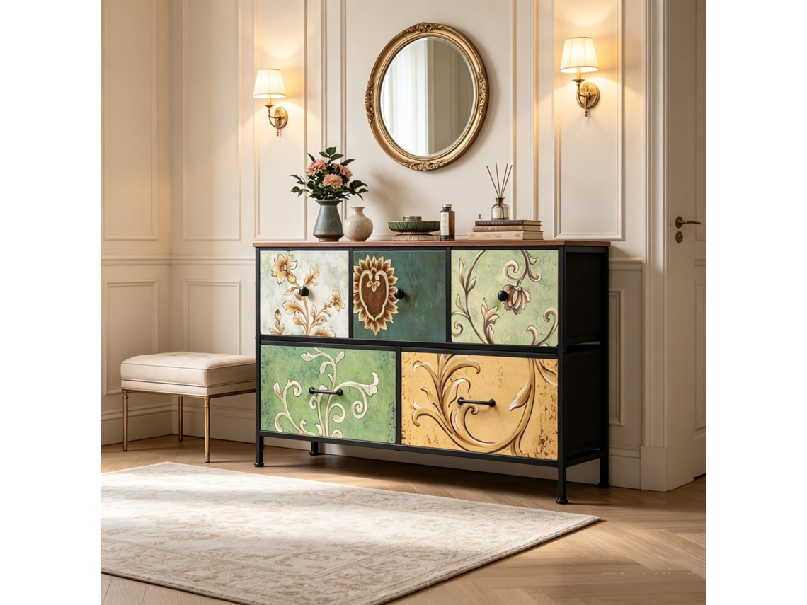 Cômoda 5 Gavetas Tecido,estilo Rústico Floral Retro,estrutura Aço,armazenamento Multifuncional Quarto Espaços Pequenos,100x30x55.2cm