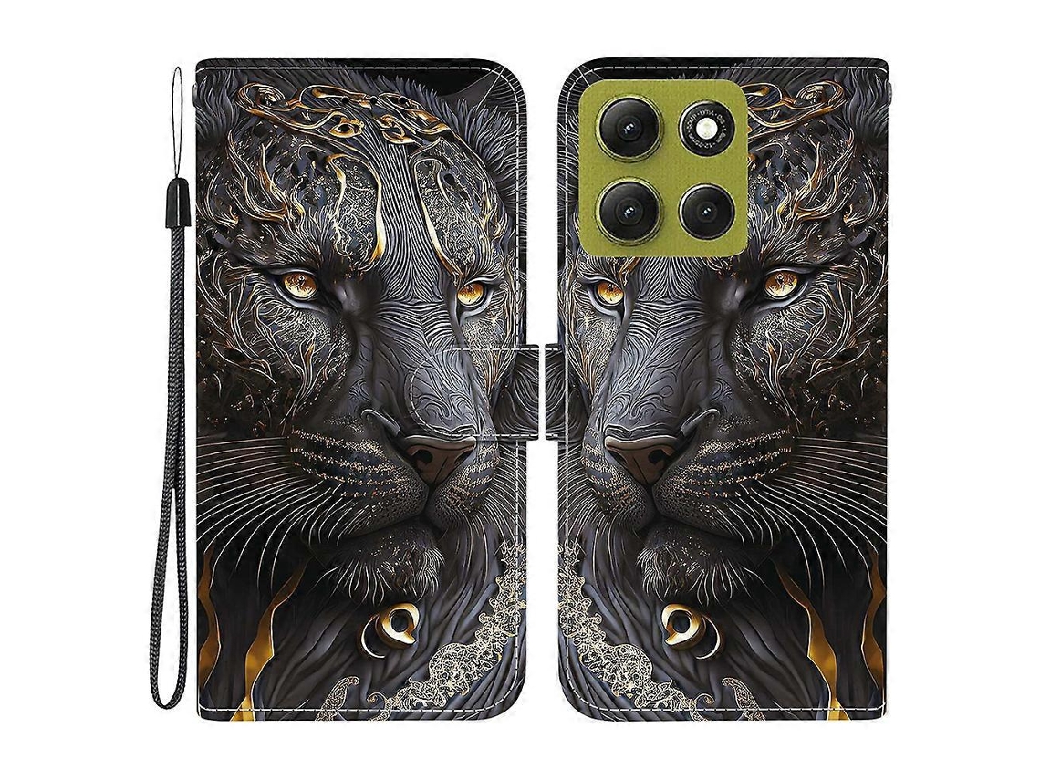 Capa De Couro Tkdaddy Para Motorola Moto G86 5g Com Suporte, Carteira, Estampa, Capa De Celular Com Alça De Pulso, Preta, Dourada, Leão