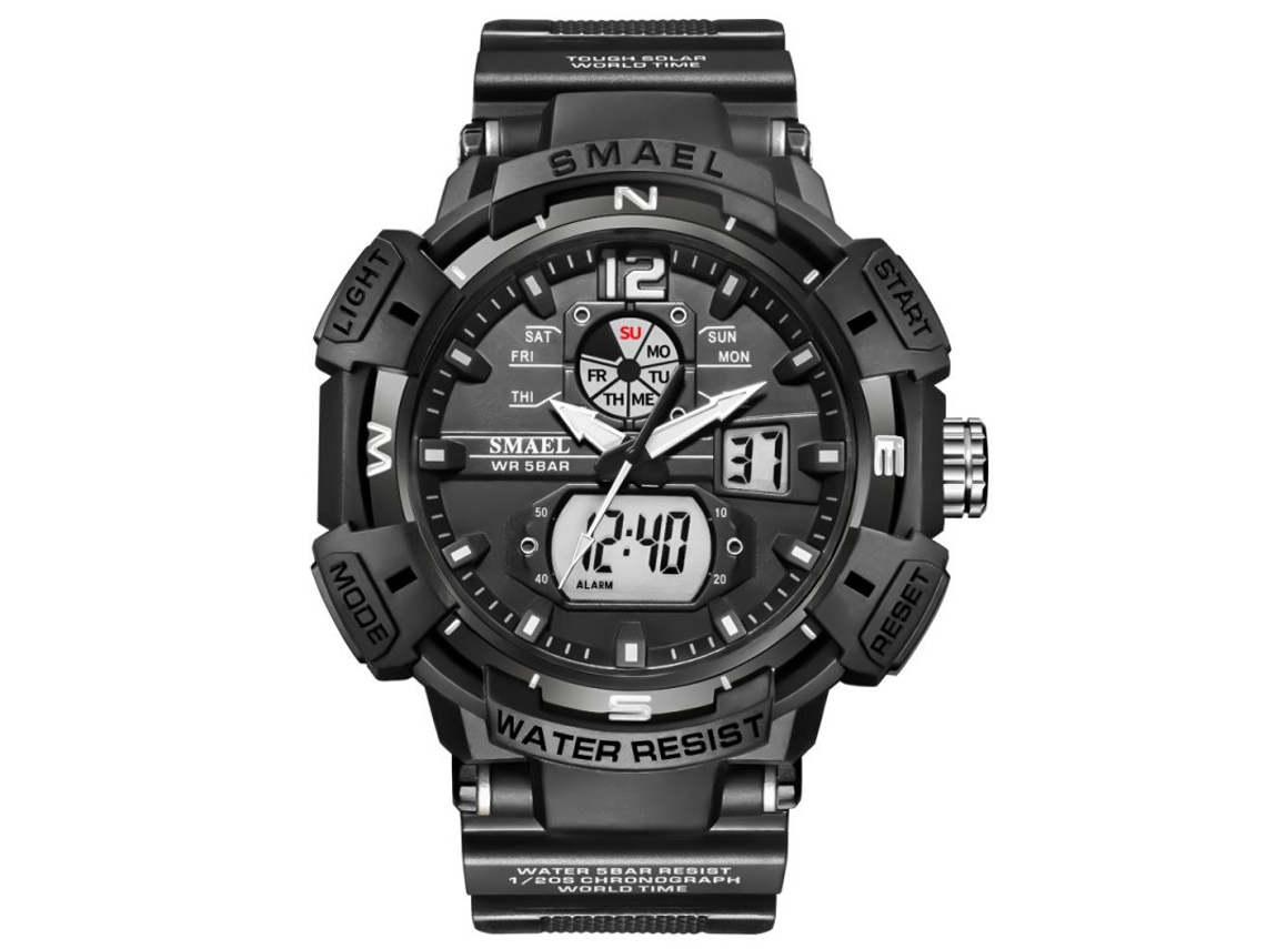 Smartwatch Masculino Smael Fashion 50M À Prova D'Água Ponteiro Luminoso Multifuncional de Pulso Digital de Quartzo Preto