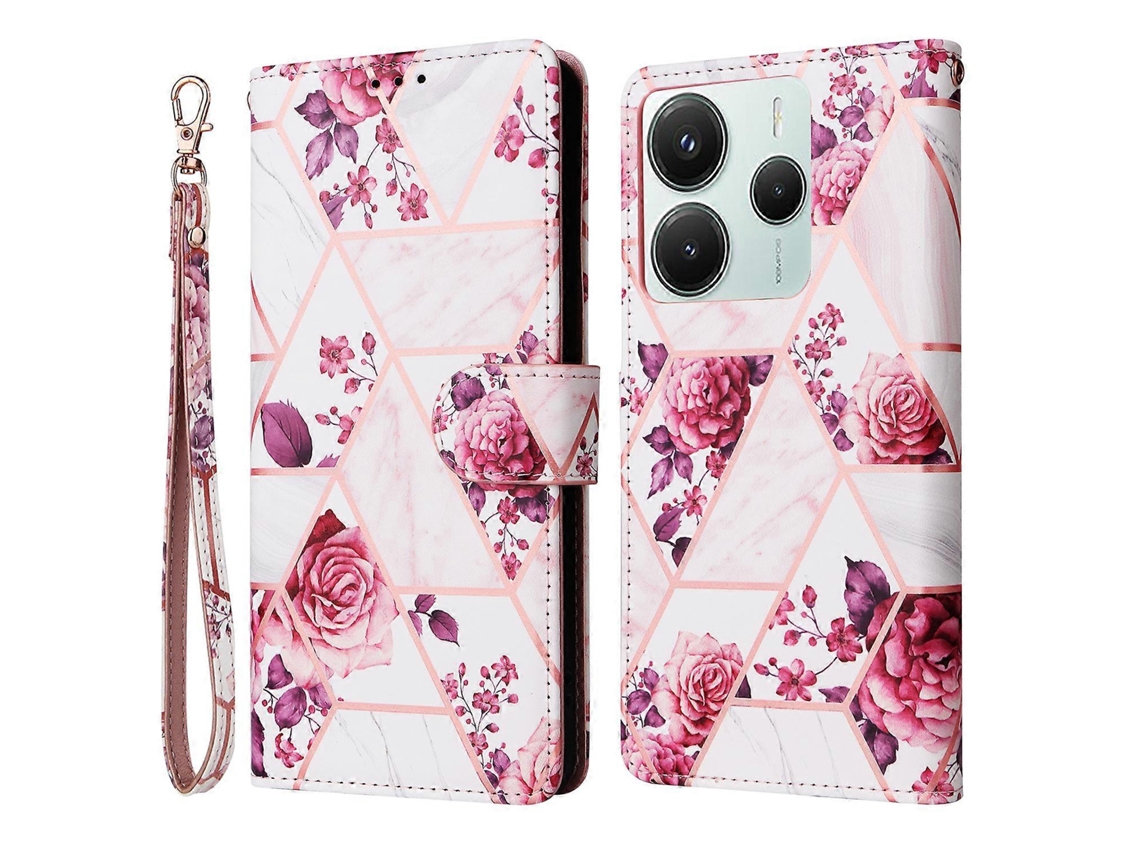 Capa De Couro Laqueada Com Padrão Mármore Para Xiaomi Poco M7 Pro 5g E Redmi Note 14 5g, Ouro Rosa