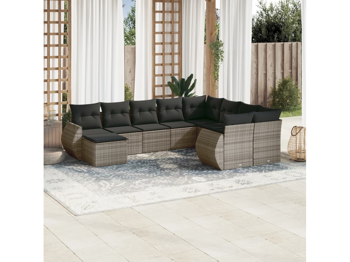 Vidaxl 10 Pcs Conjunto Sofás De Jardim C/ Almofadões Vime Pe Cinzento