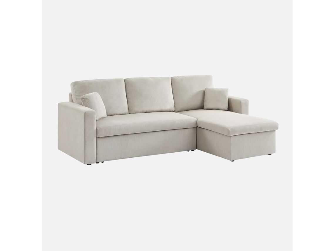 Sofá-cama De Canto Em Veludo Canelado, 3 Lugares, Bege Cinzento