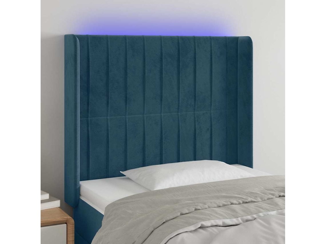 Vidaxl Cabeceira Cama C/ Luzes Led Veludo 93x16x118/128 Cm Azul-escuro