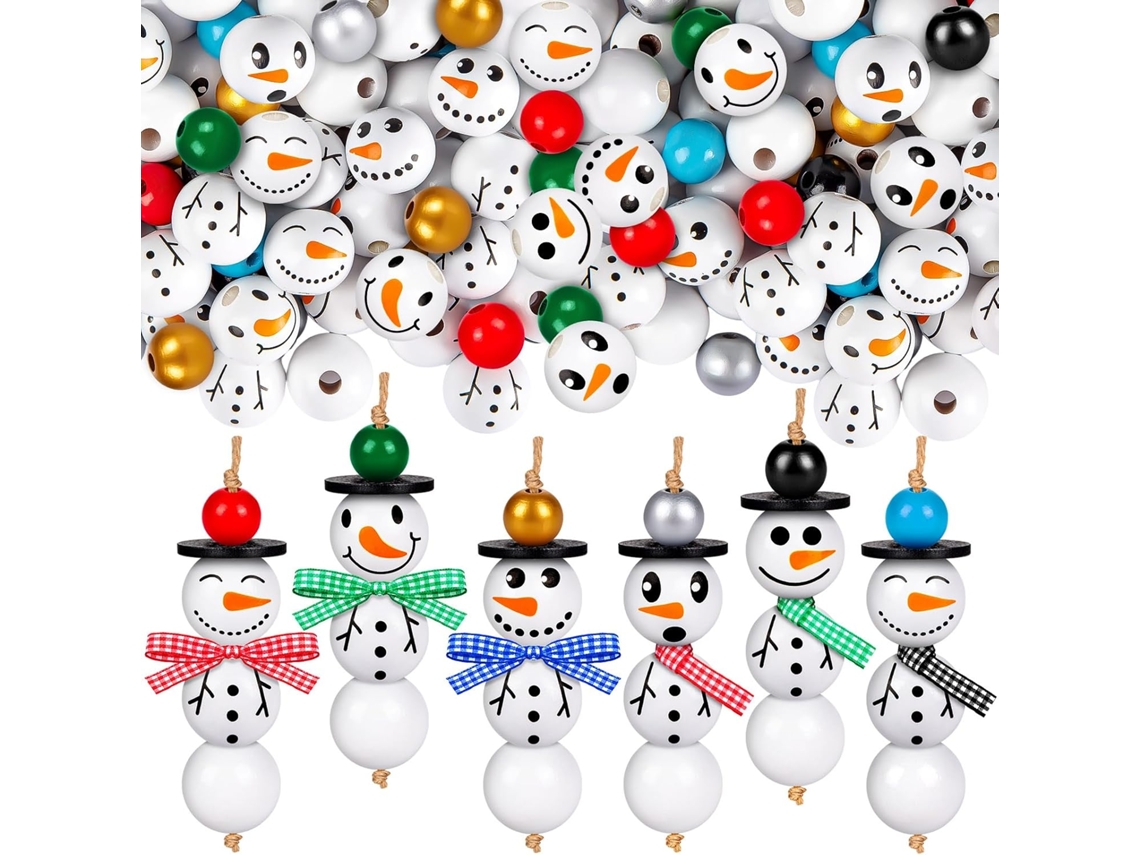 Enfeite De Natal De Madeira Com Boneco De Neve E De 150 Contas De