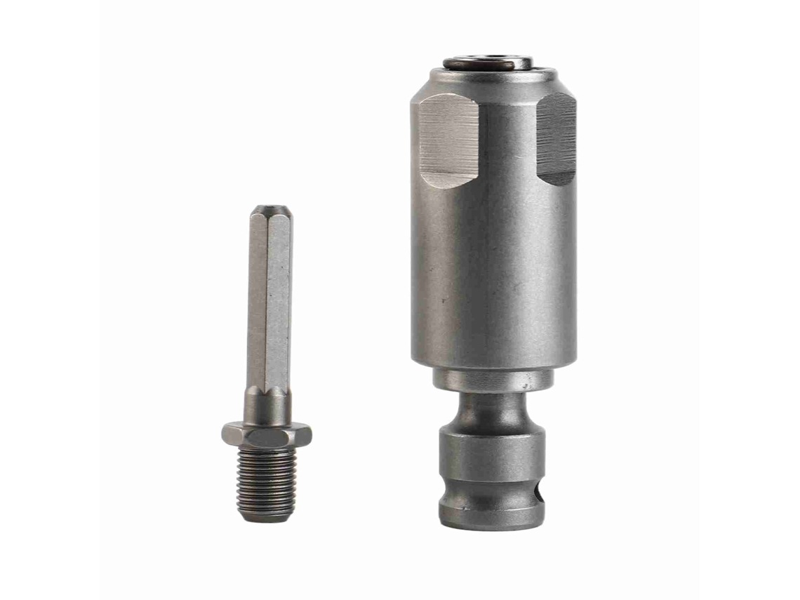 Adaptador de chave de impacto em aço carbono de alta resistência para martelo elétrico com 2 furos e 2 ranhuras no cabo redondo.