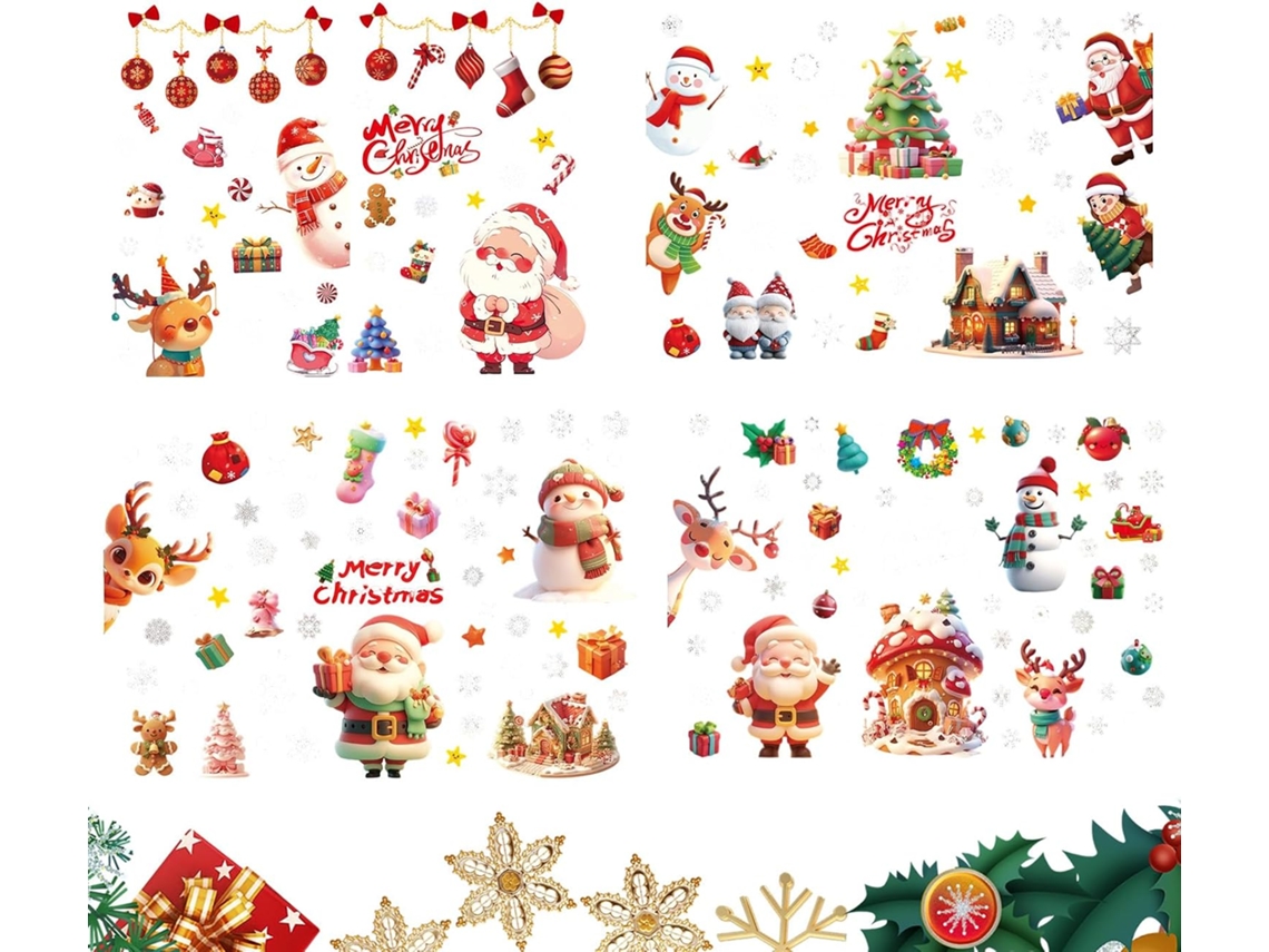Adesivos De Natal Para Janela - 4 Folhas - Papai Noel E Alce |