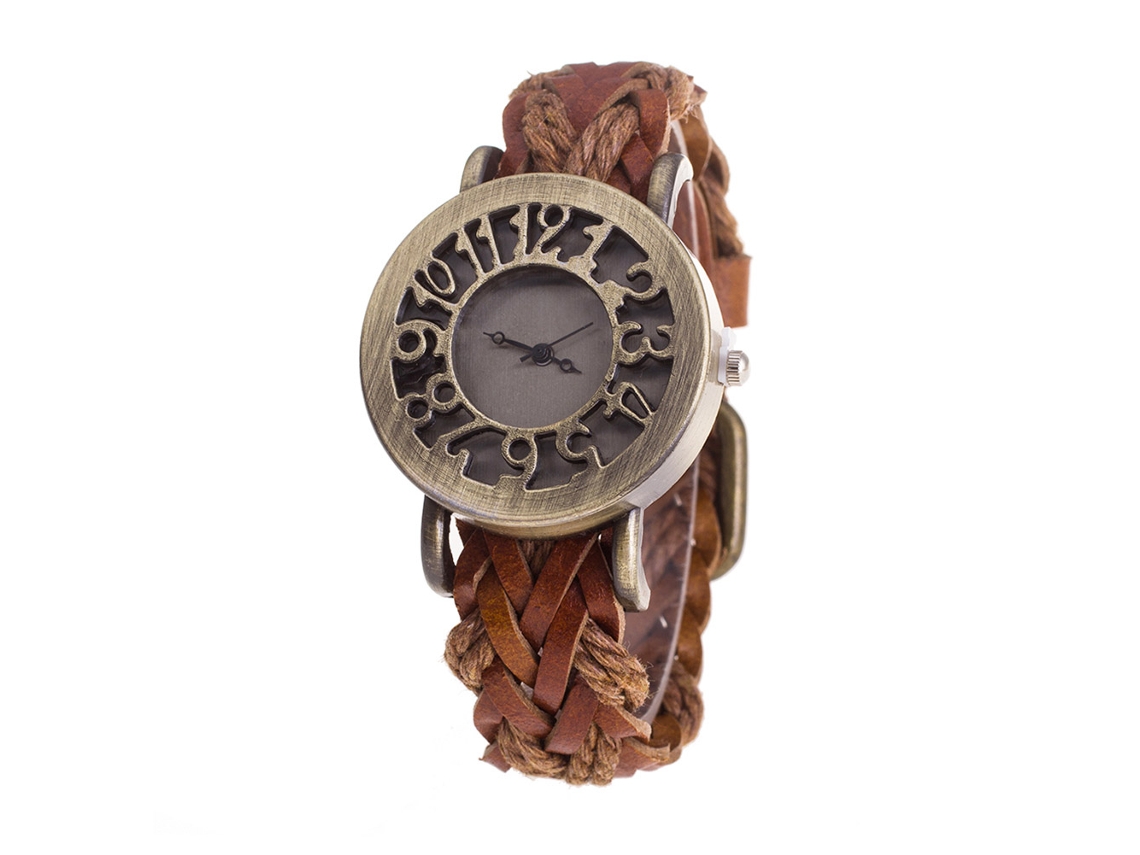 Relógio de quartzo vintage com mostrador vazado para homens e mulheres, pulseira de PU trançada marrom claro.