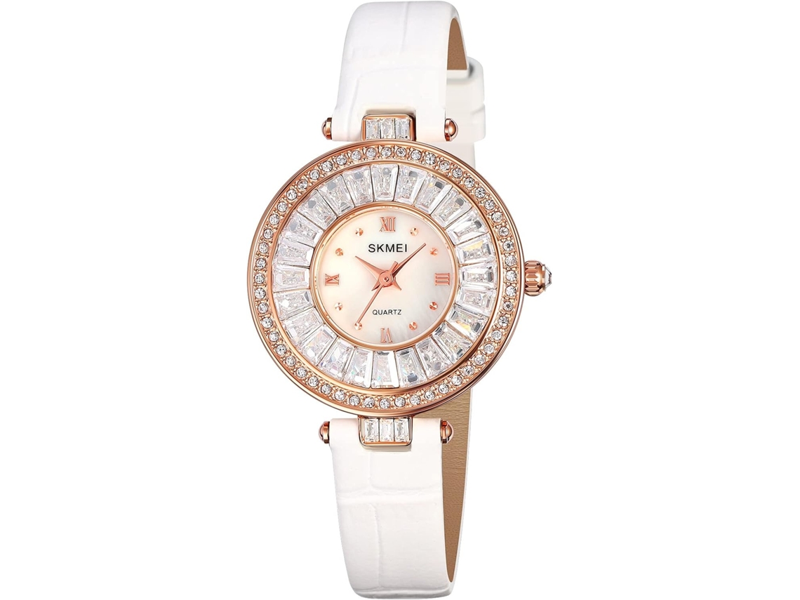 Lurelia Relógio Feminino, Movimento De Quartzo, Detalhes Com Strass, Couro, Vidro Mineral, Branco, Dourado