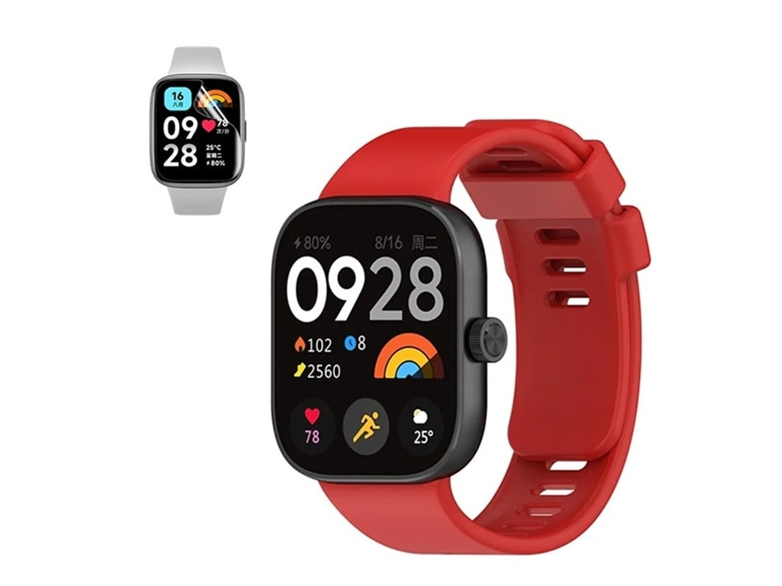 Kit Bracelete Silicone Película de Hydrogele Compativel com Xiaomi Redmi Watch 4 Vermelho