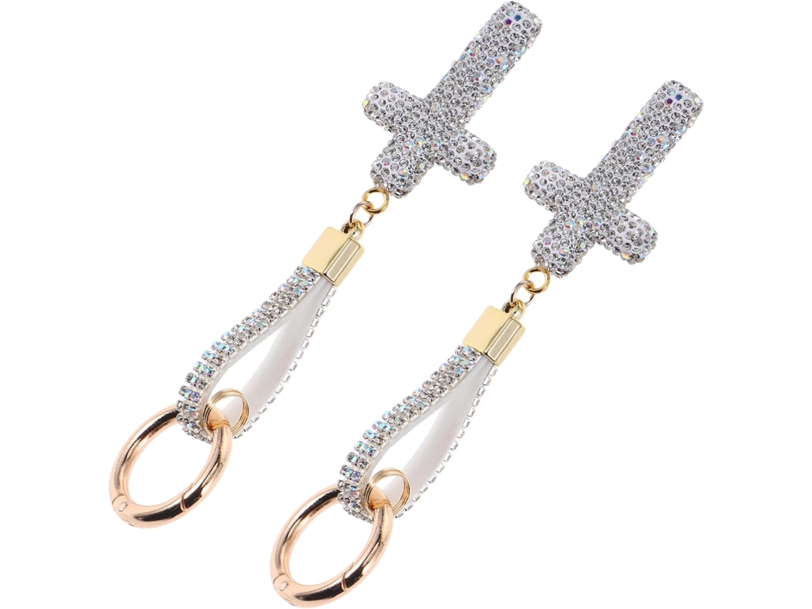 Chaveiro religioso Prated com cruz e strass, conjunto de 2 peças.