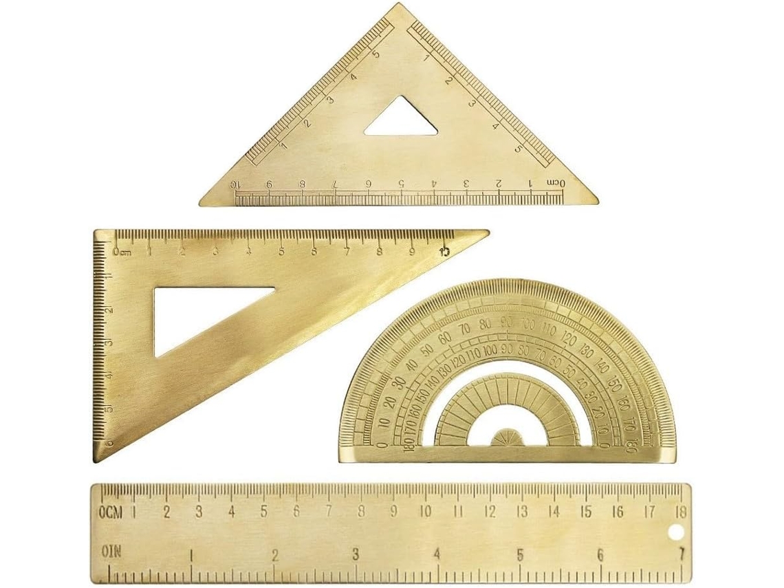 Conjunto De Régua E Papelaria Em Latão Dourado, Transferidor De