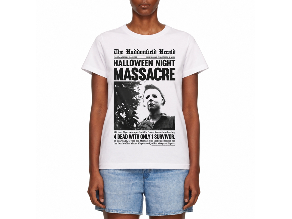 Rockinstone Halloween Haddonfield Herald White Adult T-shirt Size:xl