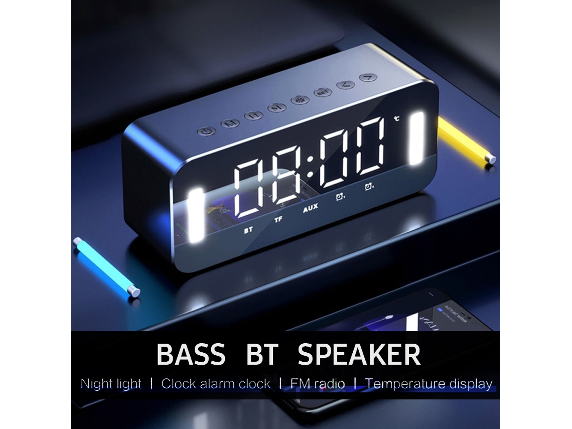 Caixa de Som Bluetooth e Relógio Despertador com Luz Noturna. EOOCOO
