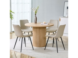 Conjunto Mesa Redonda Mdf 100cm Madeira Clara + 4 Cadeiras Pu Cinza, Assento Alargado. Minimalista. Ge