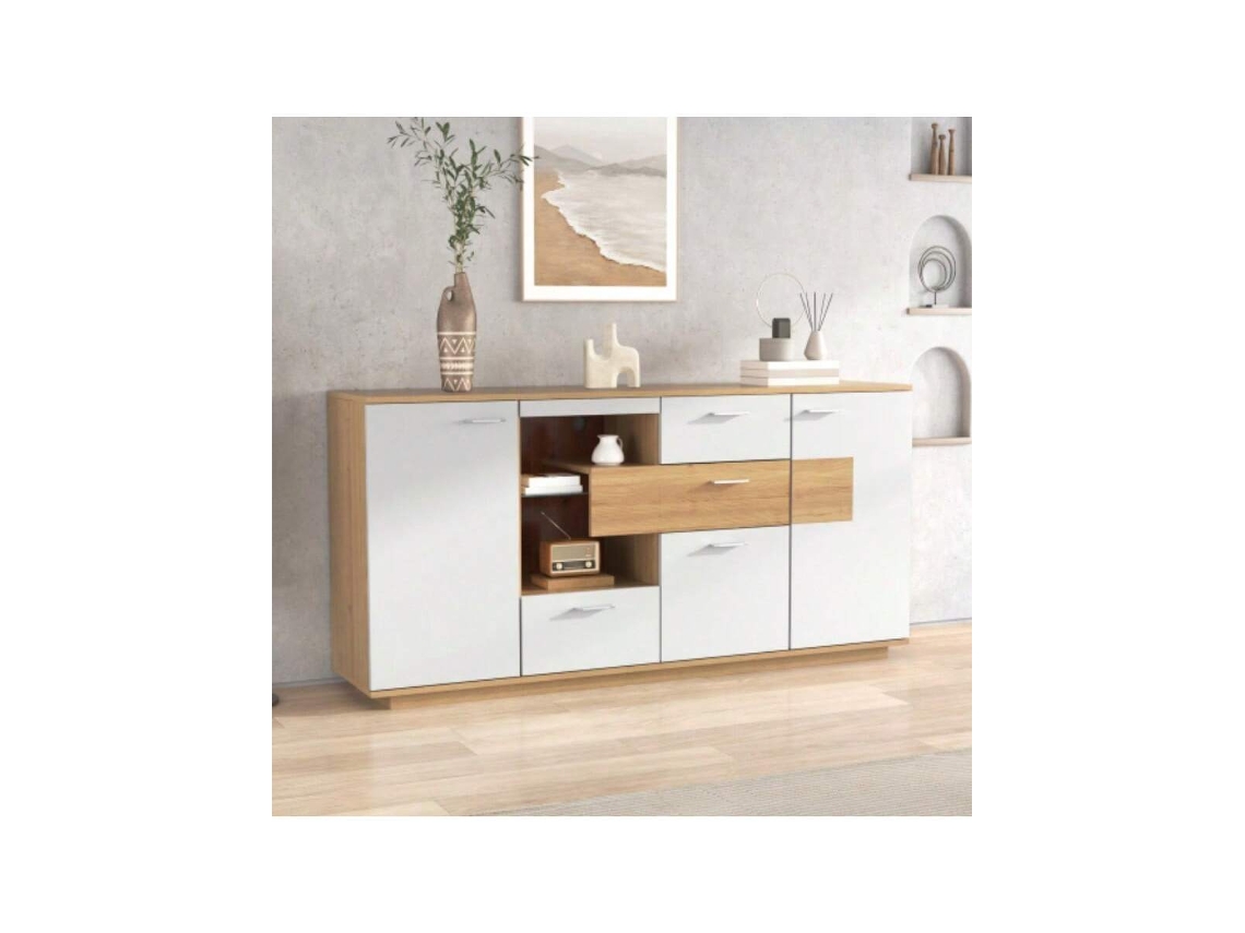 Aparador Moderno Branco 160x40x77cm Com Led, 2 Portas, 4 Gavetas, Prateleiras De Vidro, Ideal Para Sala Moderna Hvorstur