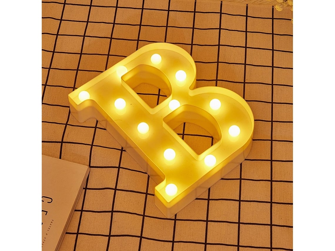 LED letra B iluminado com luz branca quente, altura 22cm, bateria