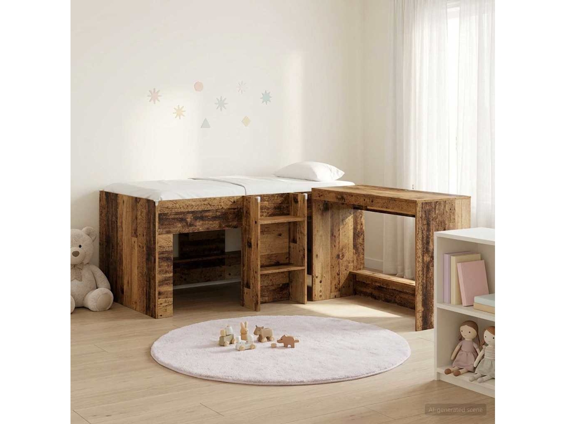 Vidaxl Cama Alta Para Crianças Com Mesa 2 Unid. Madeira Antiga