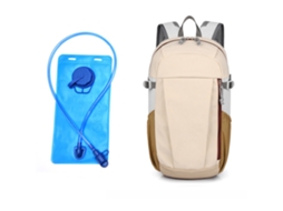 Mochila para atividades ao ar livre/trilhas (cor cáqui com reserva de hidratação), simples e prática.