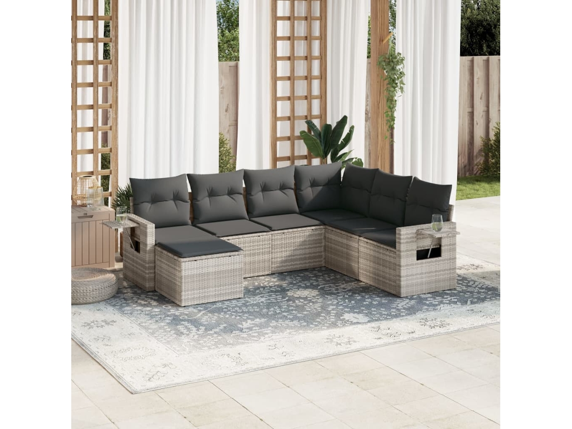 Vidaxl 7 Pcs Conj. Sofás Jardim Com Almofadões Vime Pe Cinzento-claro