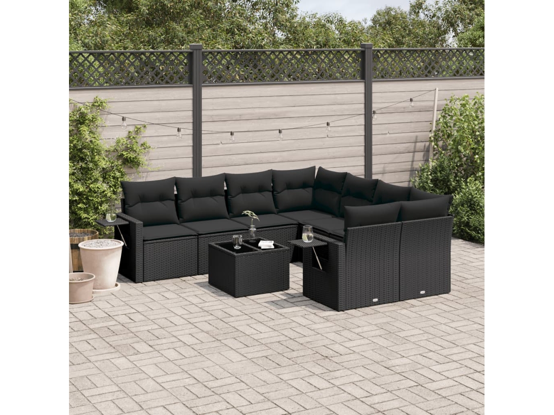 Vidaxl 9 Pcs Conjunto de Sofás P/ Jardim C/ Almofadões Vime Pe Preto