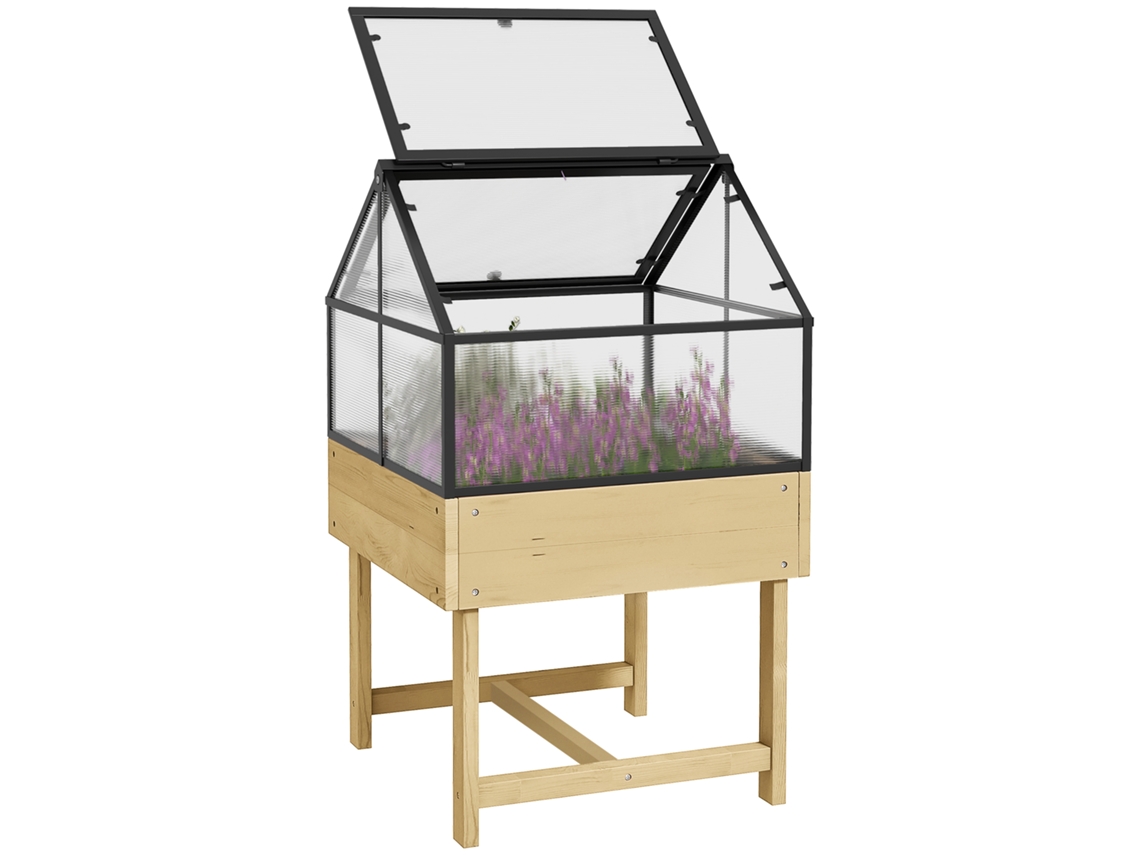 Estufa Elevada para Jardim, 60x57x103 cm, Abertura Dupla, Policarbonato, Aço e Abeto CHEZMOI