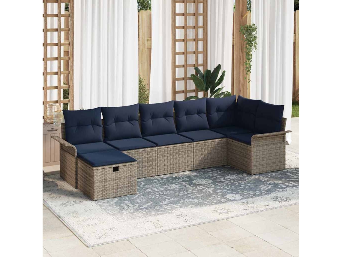 Vidaxl Conjunto De Sofá De Jardim 7 Unid. Cinza E Azul Marinho Vime Pe