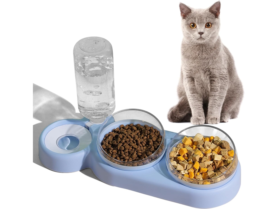 Conjunto de Tigelas 3 em 1 para Gatos com Reservatório de Água Inclinada a 15°, Dupla para Comida e Garrafa de 500ml AQUAFORGE