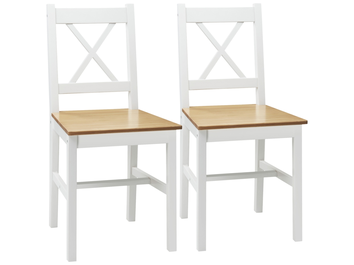 Conjunto de 2 Cadeiras de Jantar em Madeira Maciça, Estilo Campestre, Encosto Cruzado, Branco e Carvalho LAMAISON