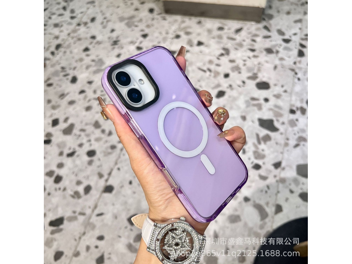 Capa Para Iphone 17 Com Borda Roxa, Transparente, Contraste Roxo, Fecho Magnético, Airbag, Silicone Macio E Transparente.