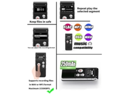 Voz Digital Voz de 16 Gb com Reprodução para Palestras Fita Pequeno Atualizado Dictaphon Recarregável Usb Preto