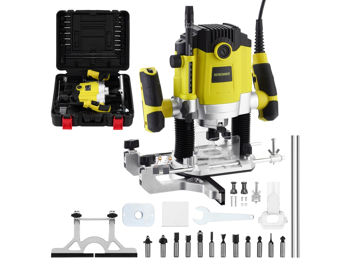 Roteador De Madeira 1800w 10000-26000rpm Com Caixa Plástica Dewinner, Aparador Eléctrico Com Conjunto De 12 Brocas, 3 Pinças De 6/8/12 Mm, 7