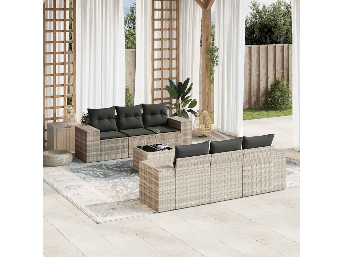 Vidaxl 7 Pcs Conj. Sofás Jardim Com Almofadões Vime Pe Cinzento-claro