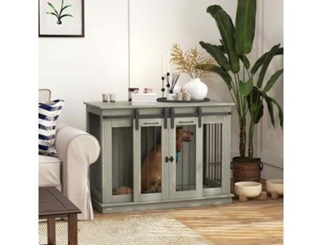 Jaula Para Cães Com Divisória, Casa Para Cães De Porta Dupla, Cinza, 120 X 60 X 88,5 Cm Quenty