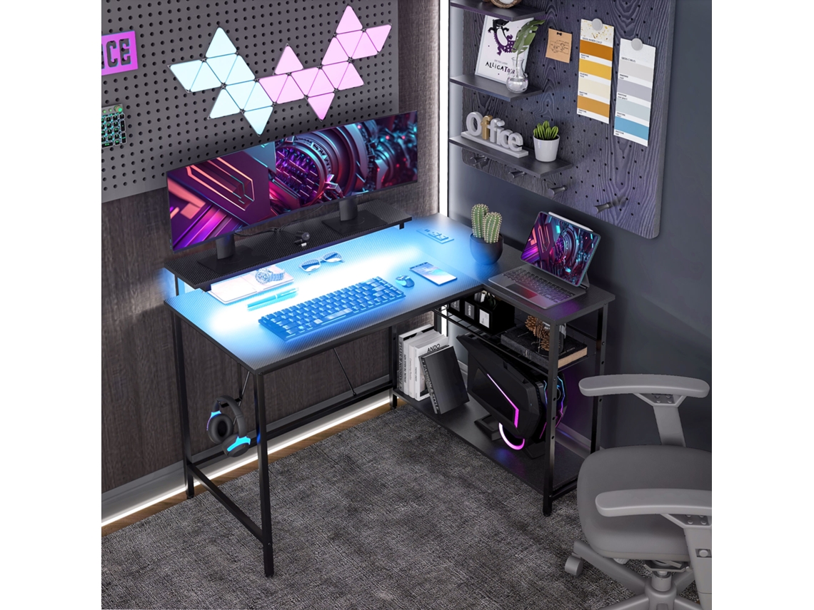 Mesa Em L Com Led, Tomadas Elétricas E Usb, Prateleira, 107x80x90 Cm, Preto