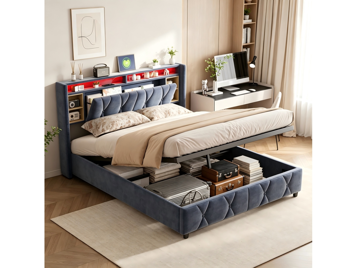 Cama De Casal 140x200 Cm Estofada Veludo Cinza,armazenamento Hidráulico, Luzes Led Rgb,cabeceira Com Tomada Eu,usb E Type-c,sem Colchão