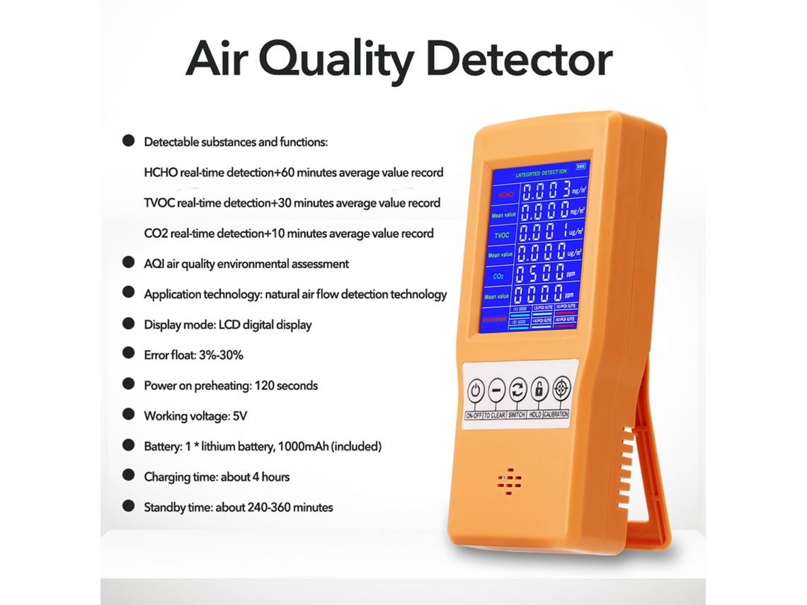 Detector Multifuncional De Qualidade Do Ar Hcho Tvoc Co2 Com Tela Digital Precisa