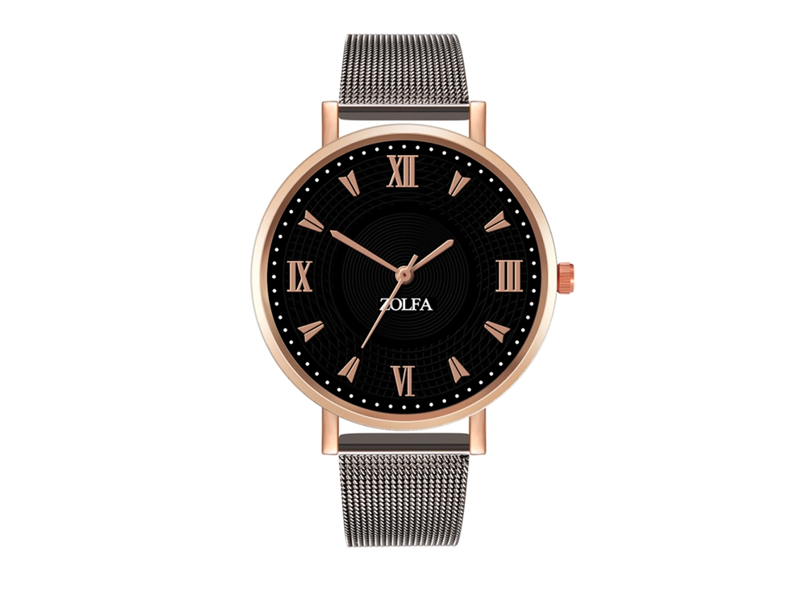 Relógio de quartzo unissex Zhoulianfa com pulseira de malha nas cores prata, preto e ouro rosa.