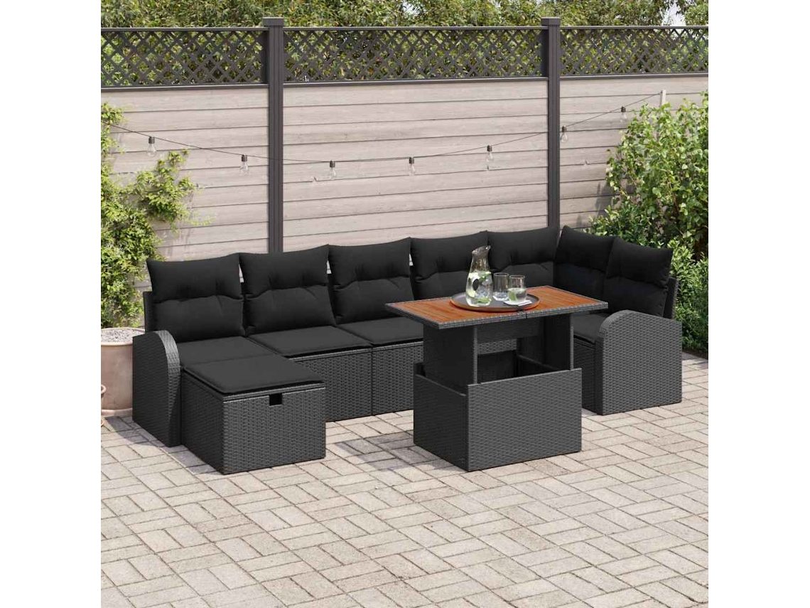 Vidaxl Conjunto De Sofá De Jardim Com Almofada 8 Pcs Preto Vime Pe