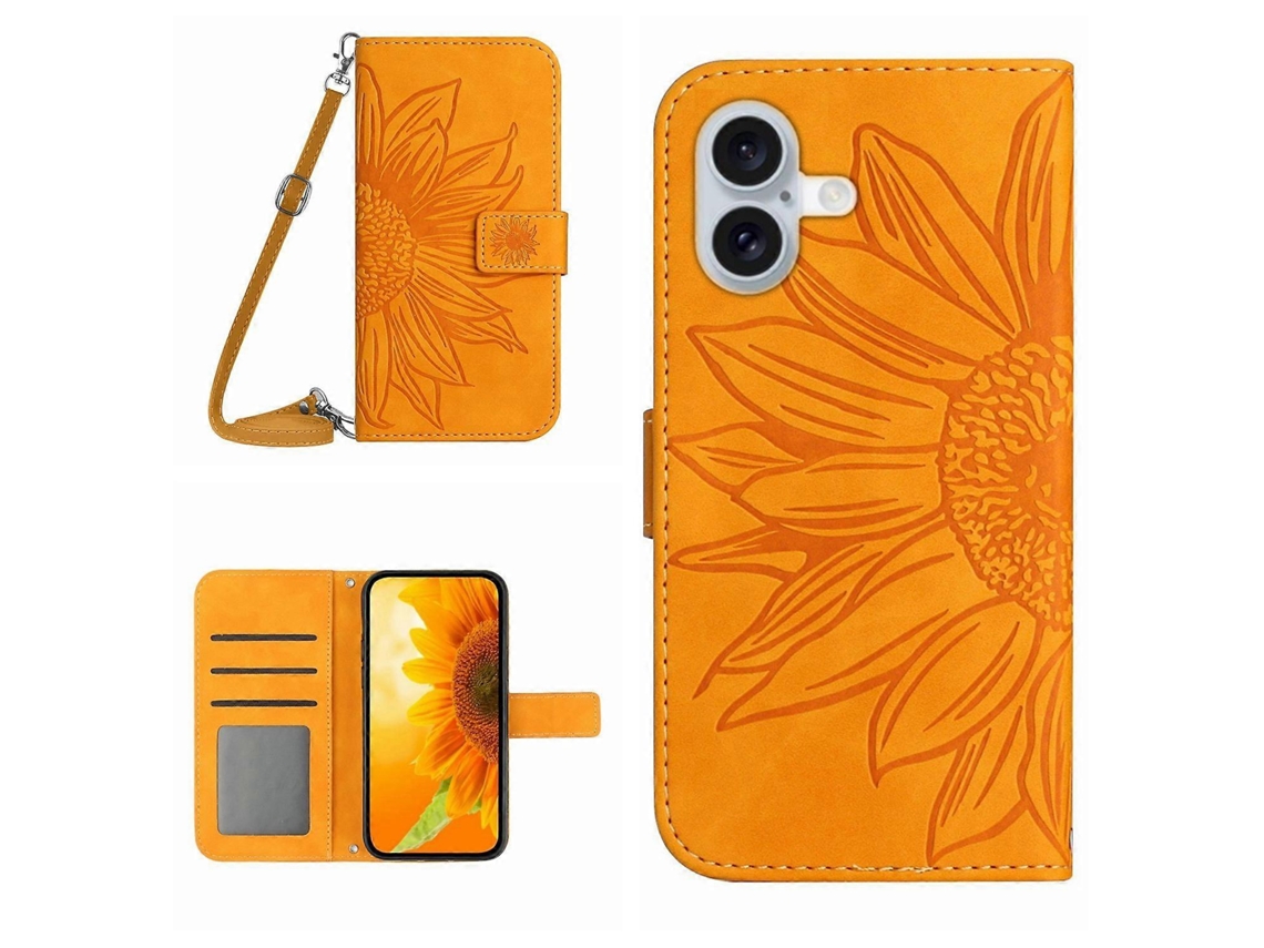 Capa De Couro Com Alça De Ombro Para Iphone 16 Plus Com Estampa De Girassol